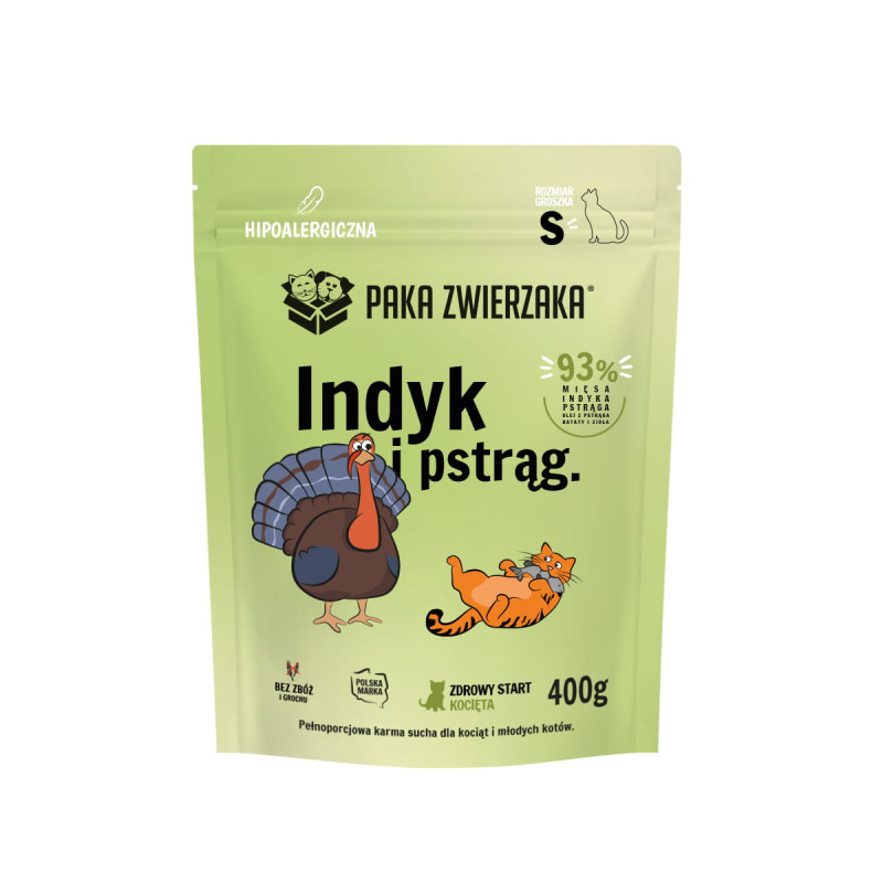 Karma sucha dla kota Paka Zwierzaka Indyk i pstrąg KOCIĘTA "S" 400 g – zdrowy start