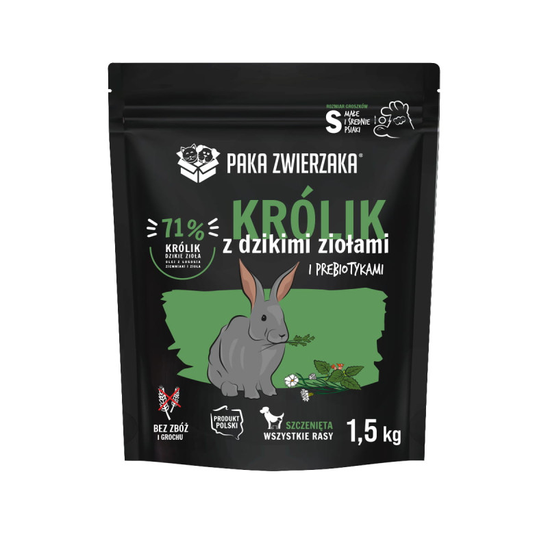 Karma sucha dla psa Paka Zwierzaka Królik z dzikimi ziołami PUPPY 1,5 kg – dla szczeniąt