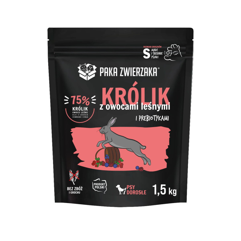 Karma sucha dla psa Paka Zwierzaka Królik z owocami leśnymi "S" 1,5 kg – dla psów małych ras
