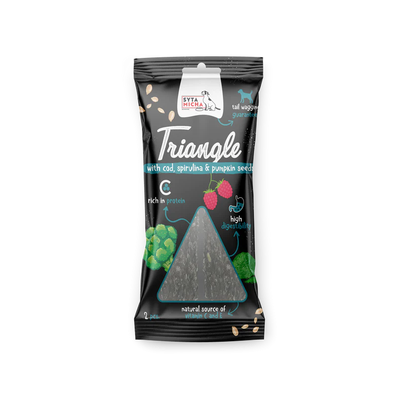 Syta Micha trójkąt do żucia dorsz z jeleniem i spiruliną 2 szt. – przysmak dla psa