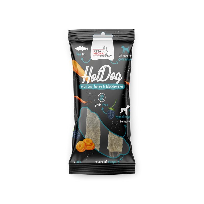 Syta Micha Hot Dog do żucia konina z jeżynami w skórze z dorsza 2 szt. – przysmak dla psa