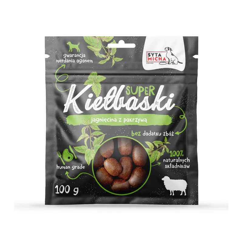 Syta Micha Super kiełbaski z jagnięciną i pokrzywą 100 g – przysmaki dla psa