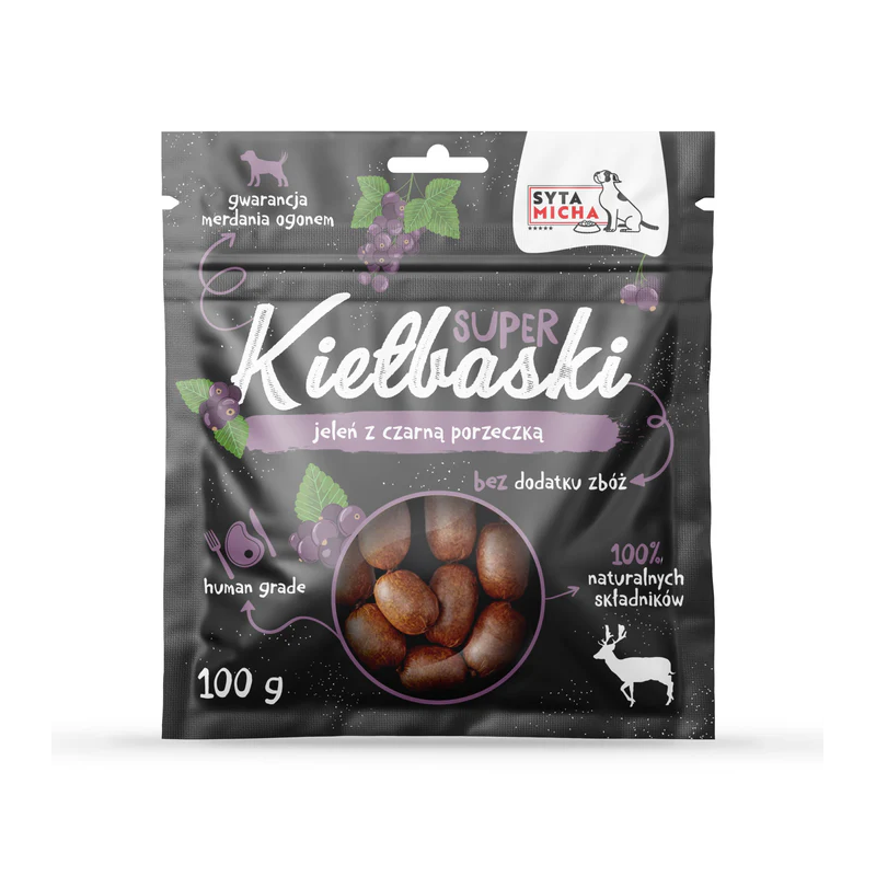 Syta Micha Super kiełbaski z jeleniem i czarną porzeczką 100 g – przysmaki dla psa