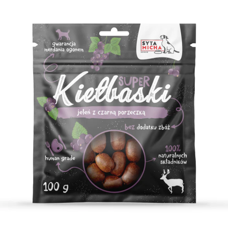 Syta Micha Super kiełbaski z jeleniem i czarną porzeczką 100 g – przysmaki dla psa
