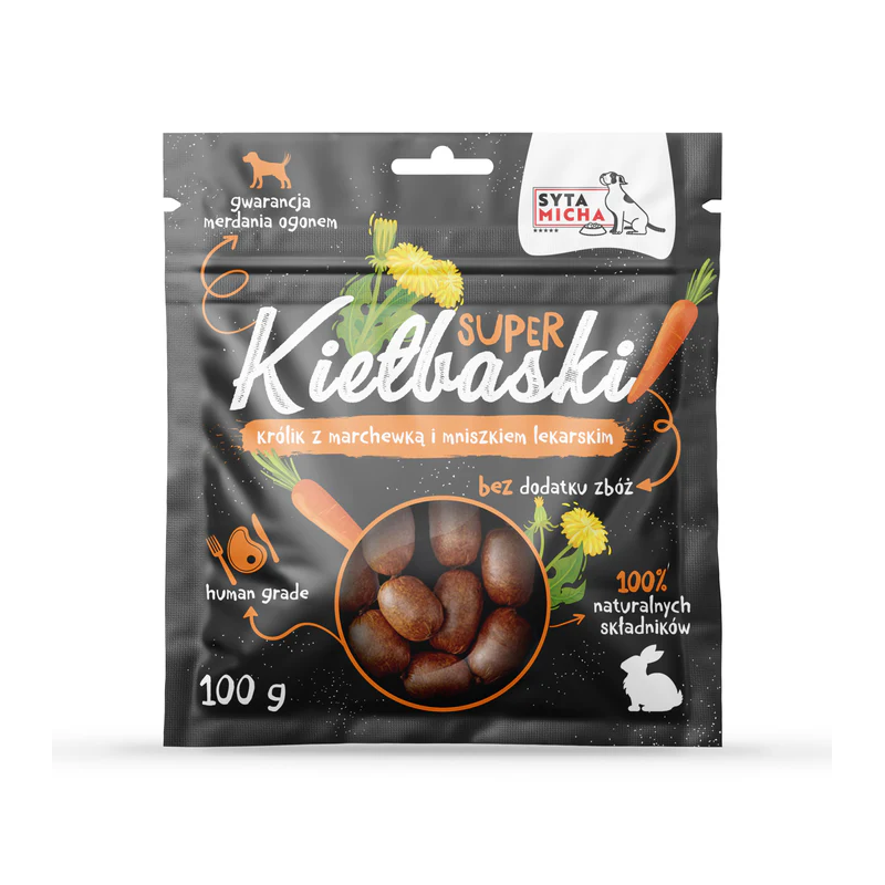 Syta Micha Super kiełbaski z królikiem, marchewką i mniszkiem 100 g – przysmaki dla psa