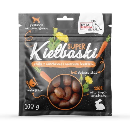Syta Micha Super kiełbaski z królikiem, marchewką i mniszkiem 100 g – przysmaki dla psa