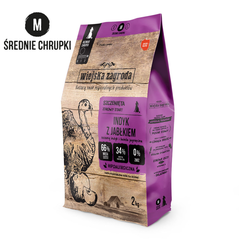 Dry Dog Food Wiejska Zagroda Turkey with Apple for Puppies Kibble M 2kg