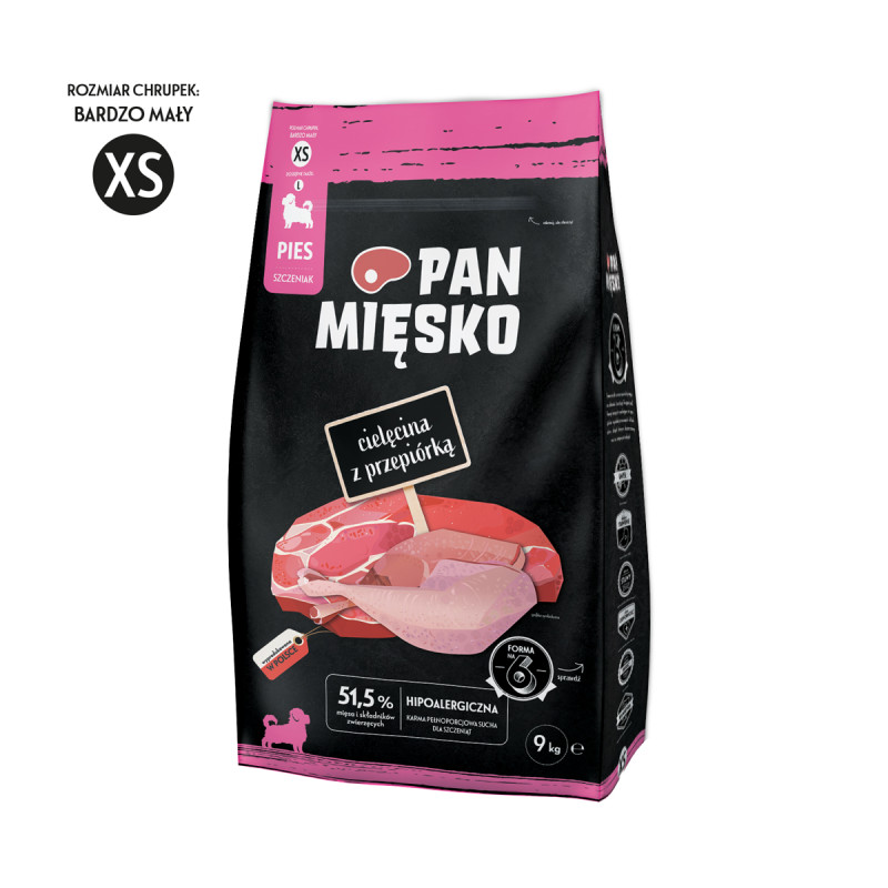 Pan Mięsko Complete Dry Puppy Food Veal with Quail XS Kibble 9kg