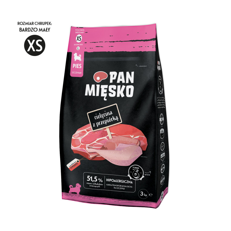 Pan Mięsko Complete Dry Puppy Food Veal with Quail XS Kibble 3kg