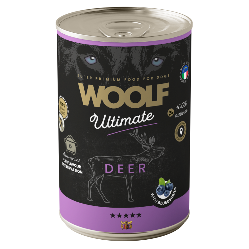 Karma mokra dla psa WOOLF Ultimate Dog Can Deer  Blueberries 400g