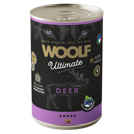 Karma mokra dla psa WOOLF Ultimate Dog Can Deer  Blueberries 400g