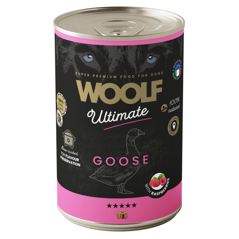 Karma mokra dla psa WOOLF Ultimate Dog Can Goose  Raspberry 400g