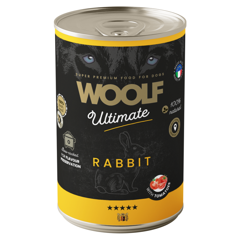 Karma mokra dla psa WOOLF Ultimate Dog Can Rabbit  Tomato 400g