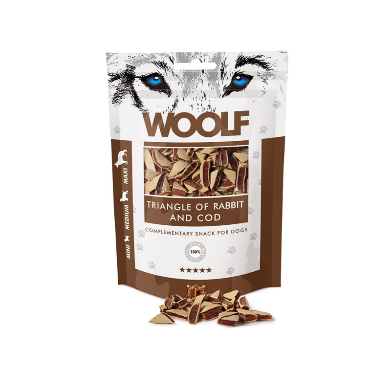 Woolf N Rabbit and Cod Triangle Dog Treats 100 g