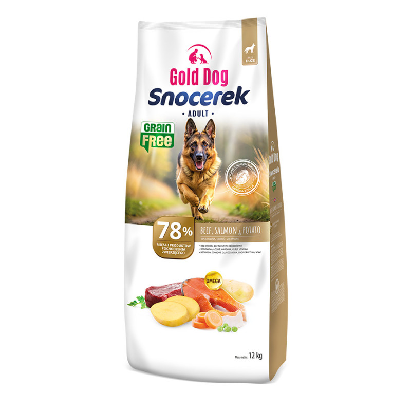 Grain Free Dry Dog Food Gold Dog Snocerek Adult Beef, Salmon  Potato 12kg