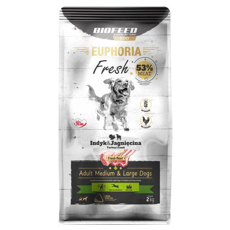 Dry Dog Food Biofeed EUPHORIA Fresh Meat Adult Turkey Lamb M/L 2kg