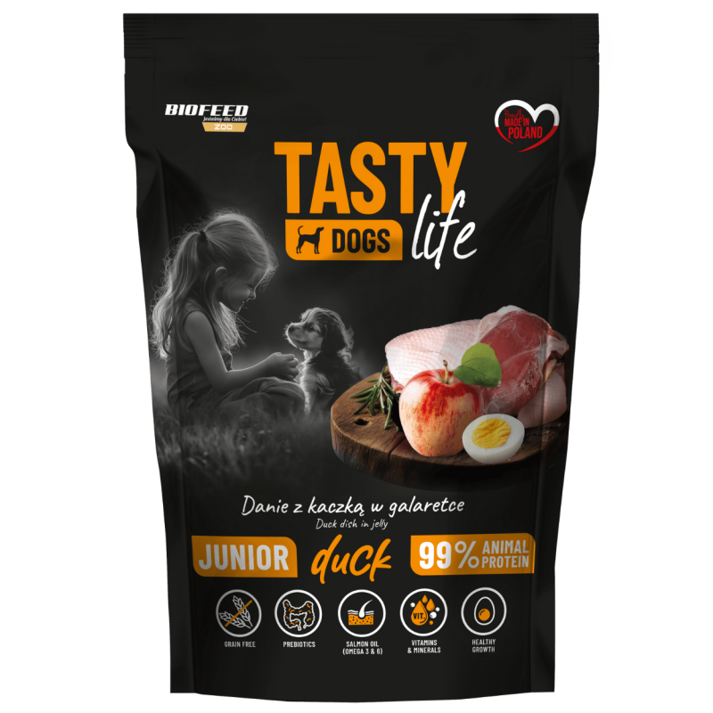 Karma mokra dla psa Biofeed Tasty Dog Life Junior Mini Kaczka 90% saszetka 150g
