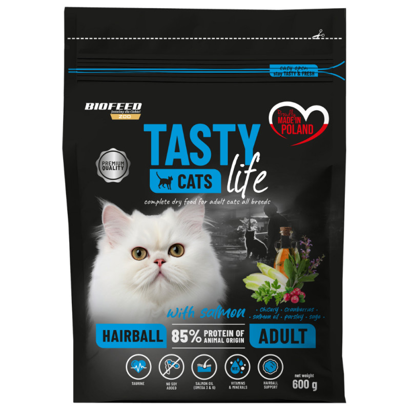 Karma sucha dla kota Biofeed TASTY CATS LIFE Hairball with Salmon 600g