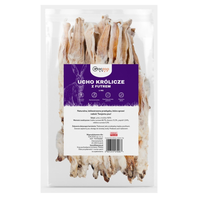Przysmaki dla psa Gaczoo Ucho królicze z futrem 1kg