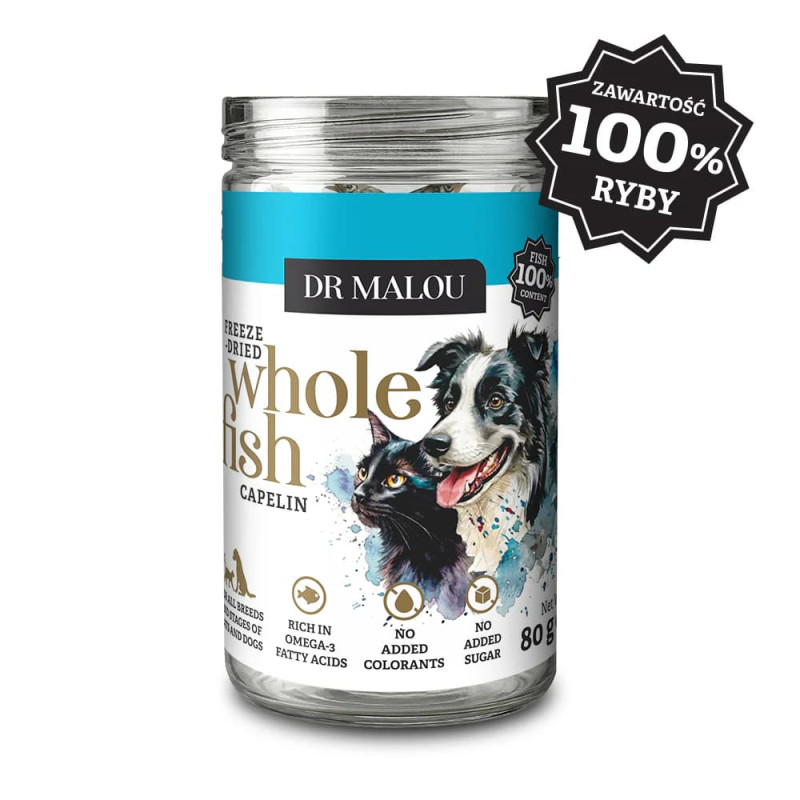Przysmaki dla psa i kota Dr Malou Rybki 100% liofilizowany Kapelan (Gromadnik) 80 g