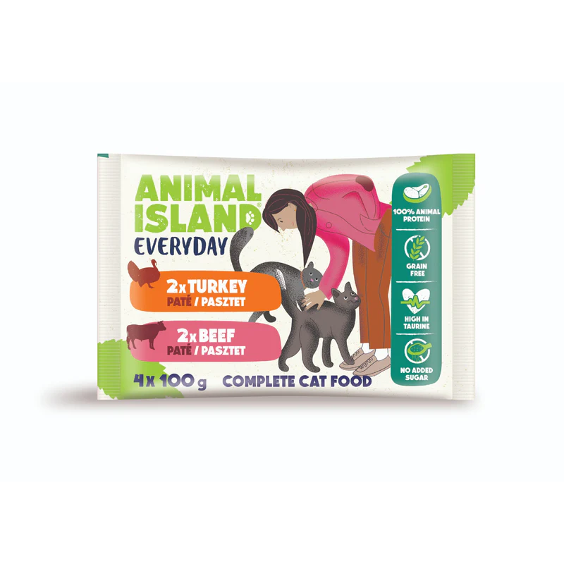 Wet Cat Food Animal Island Pouches EVERYDAY 4 pack 4 x 100g 2 x beef 2 x turkey pate