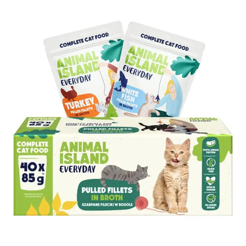 Karma mokra dla kota Animal Island EVERYDAY BOX 20 szt. x indyk / 20 szt. x biała ryba