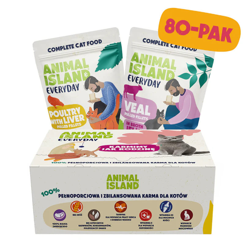 Wet Cat Food Animal Island Everyday Box 40 x Veal, 40 x Poultry with Liver