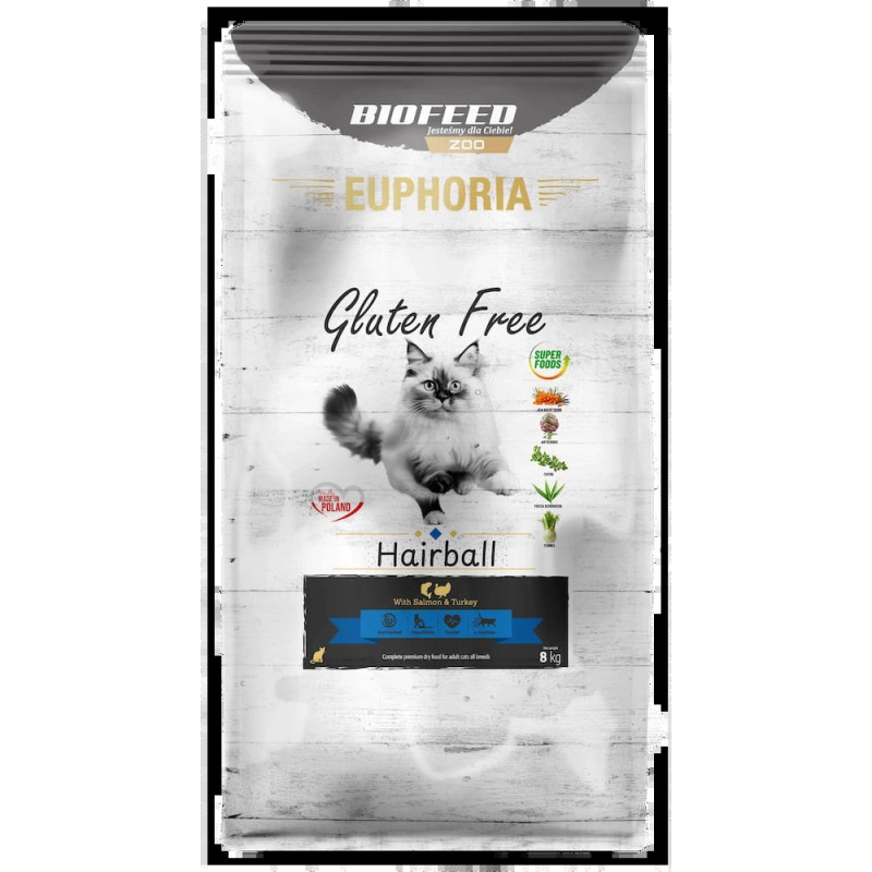 Karma sucha dla kota EUPHORIA Gluten Free Cat HAIRBALL Indyk & Łosoś 8 kg