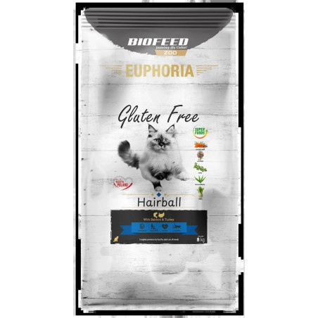 Dry Cat Food EUPHORIA Gluten Free Cat HAIRBALL Turkey & Salmon 8 kg