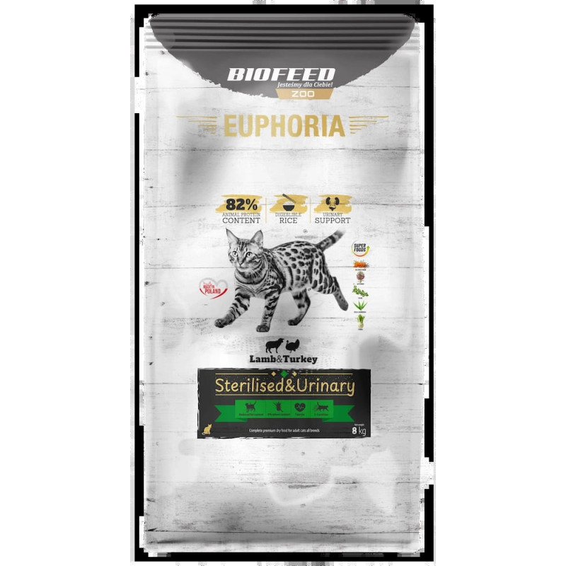 Karma sucha dla kota EUPHORIA Gluten Free Cat STERILISED & URINARY Indyk & Jagnięcina 8 kg