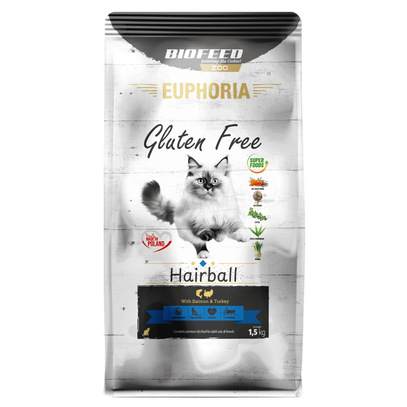 Karma sucha dla kota EUPHORIA Gluten Free Cat HAIRBALL Indyk & Łosoś 1,5 kg